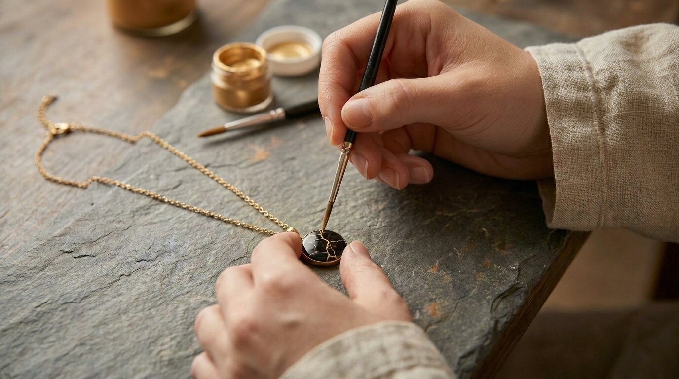 Hands applying gold to a repaired vessel
