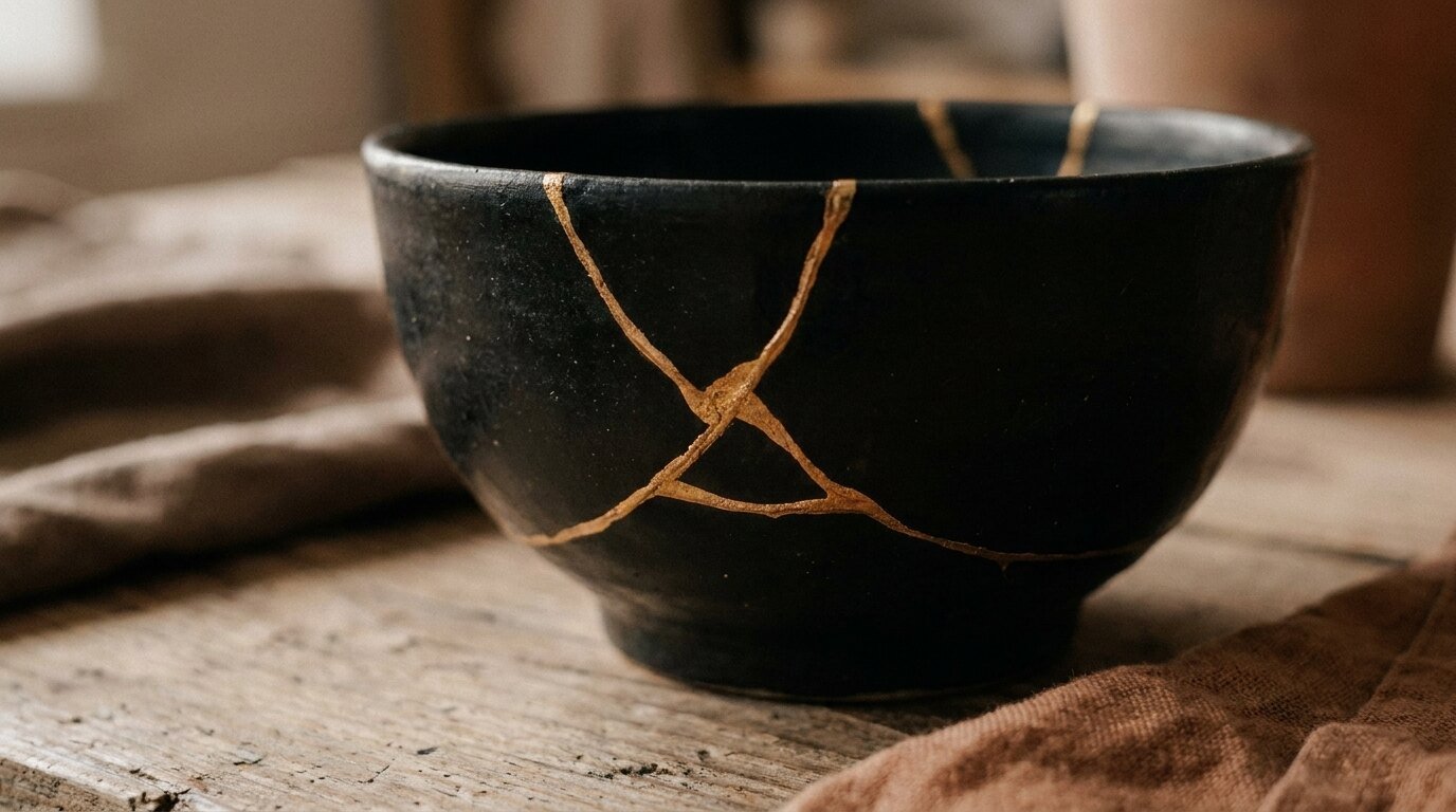 A dark kintsugi vessel bound with gold against stone