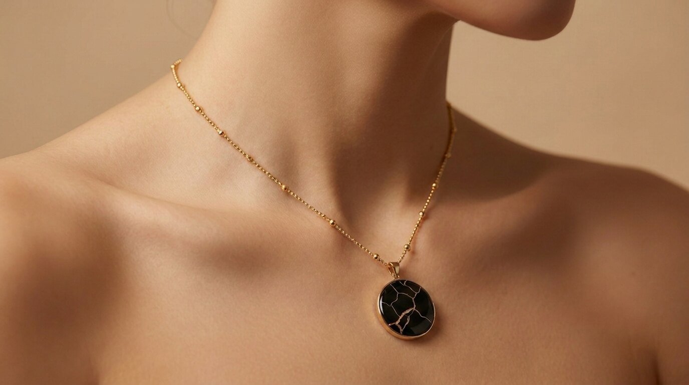 A woman wearing the Kintsugi Necklace at her collarbone